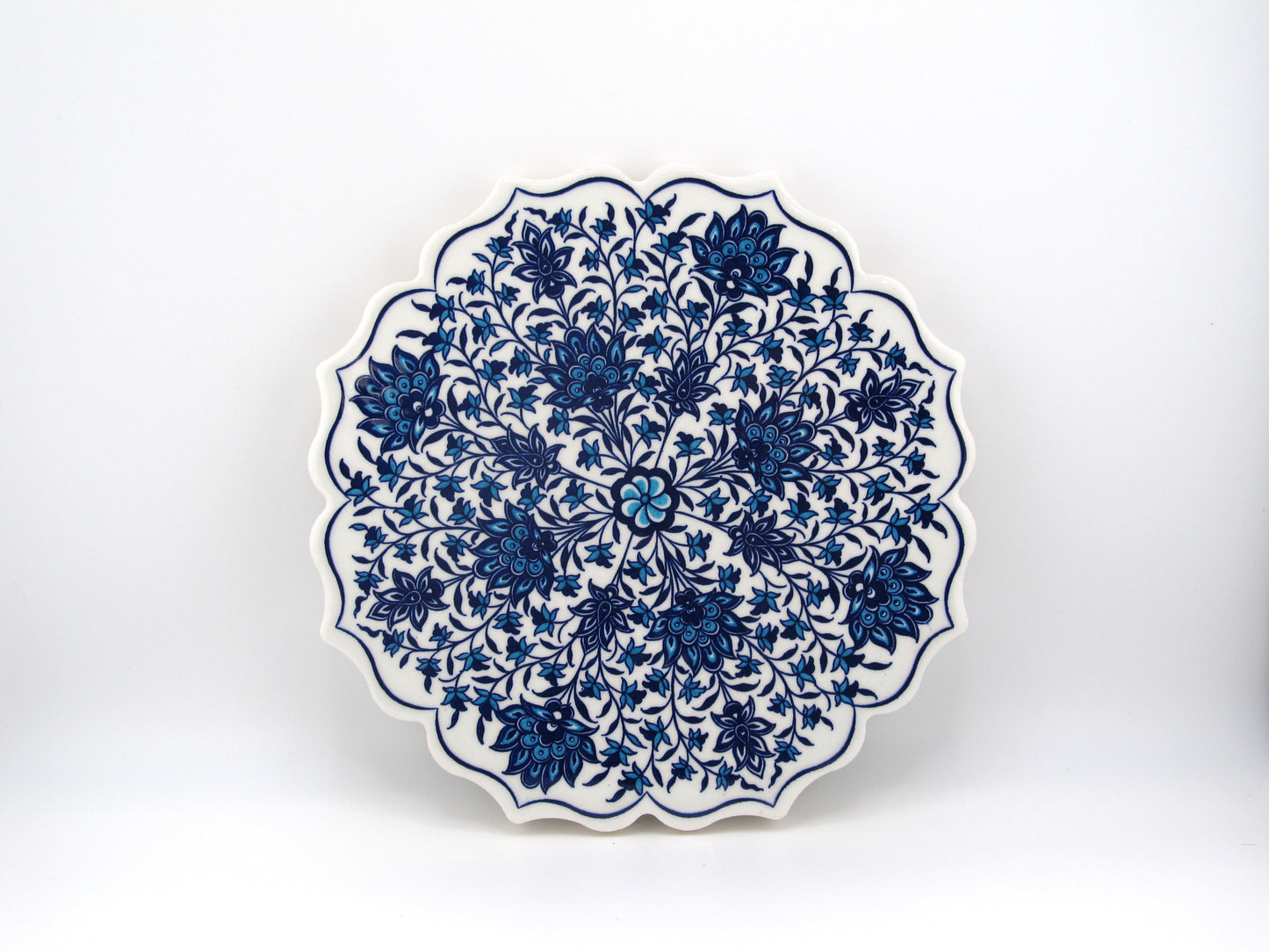 Round Turkish Hot Pad Traditional Blue Floral Design