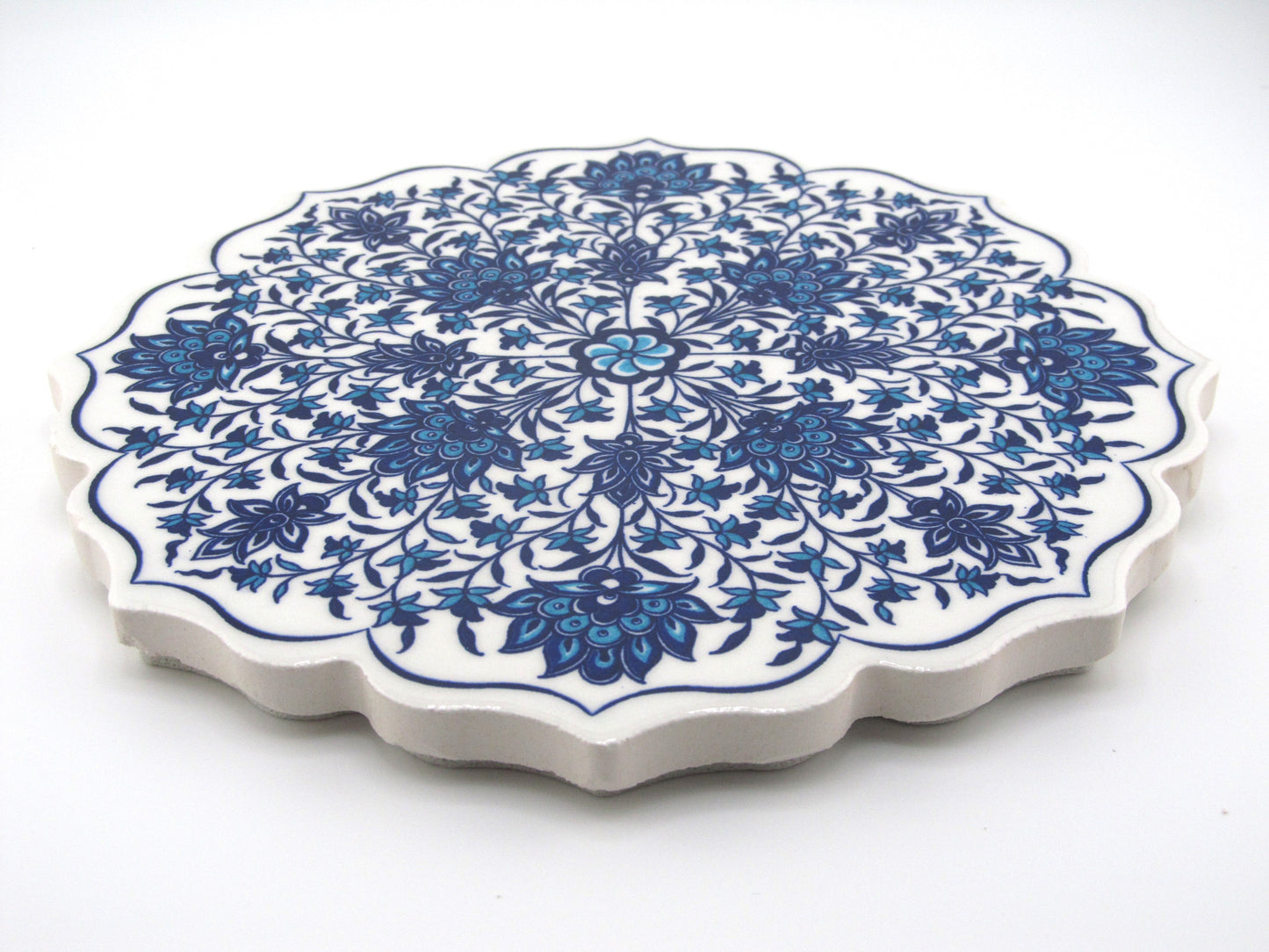 Round Turkish Hot Pad Traditional Blue Floral Design