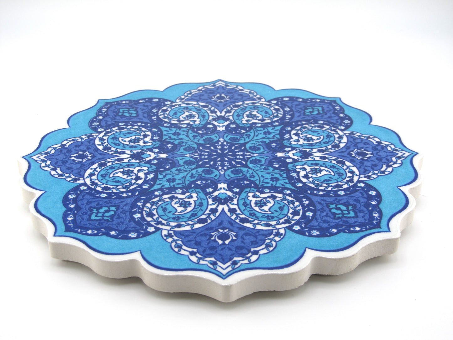 Round Turkish Hot Pad Traditional Blue Flower Design